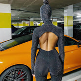 Langärmliger, hochgeschlossener, rückenfreier, hüfthoher, enger Sport-Jumpsuit
